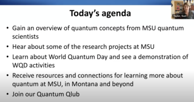 Zoom Screenshot showing an agenda slide for MSU's Quantum Teacher Training Workshop. The presenter is in a small box at the top right of the plain white slide with bullet points.