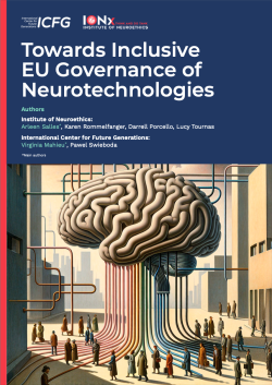 The cover image for "Towards Inclusive EU Governance of Neurotechnologies" features a stylized brain connected to colorful pipes, with people walking around in an urban setting, symbolizing the integration of neurotechnology and society