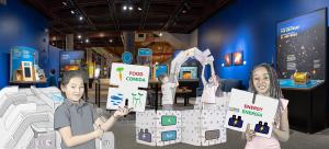Build a Mars Habitat exhibit sketch showing children building structure with large construction set pieces