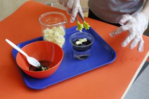 participant using tongs to remove oil soaked cotton pads from a cup