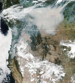 NASA Earth Observatory using Visible Infrared Imaging Radiometer Suite VIIRS data August 15 2018  showing smoke in North America from wildfires