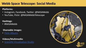 Webb Social Media image showing image of telescope under construction and list of social media links
