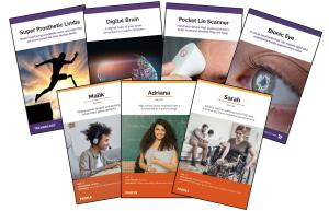 selection of cards showing technology and people