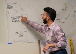 Professional pointing to a river drawing of a co-creation partnership journey 