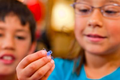 Kids admire some gummy capsules which are used in an activity about how the COVID mRNA vaccine works.