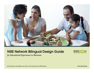 Bilingual Design Guide cover showing Latino family having conversation about an exhibit