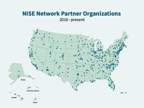 NISE Network partner map 2022 indicated by dots throughout the United States