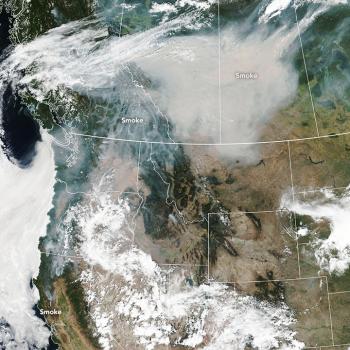 NASA Earth Observatory using Visible Infrared Imaging Radiometer Suite VIIRS data August 15 2018  showing smoke in North America from wildfires