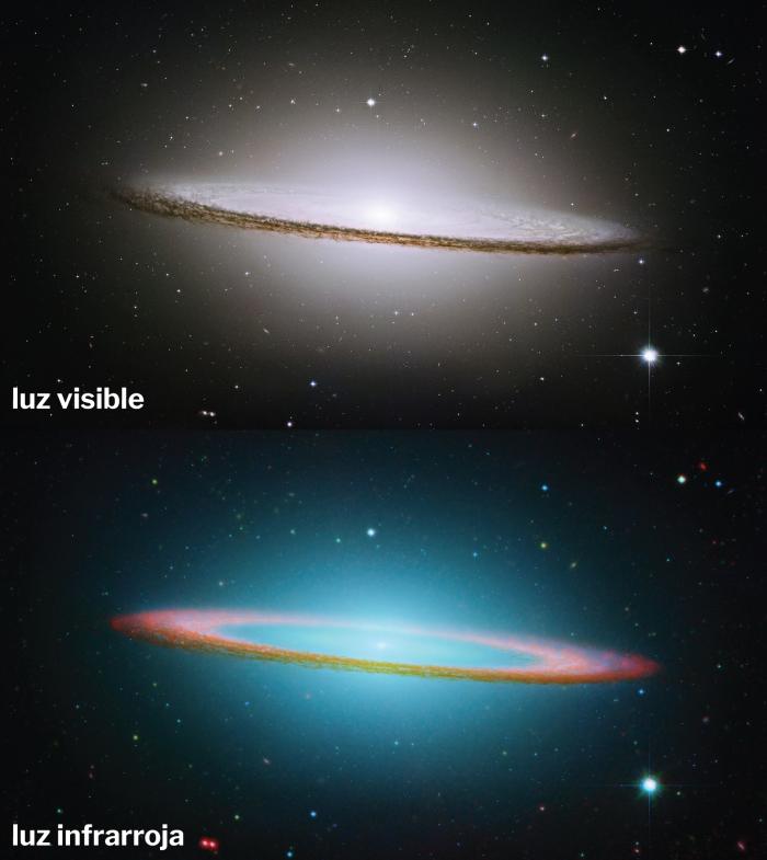Sombrero Galaxy in visible and infrared light with Spanish titles