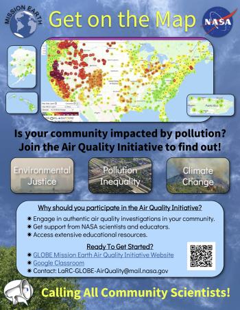 GLOBE MissionEarth Air Quality 2021 flyer showing map of US with dots and images of air pollution