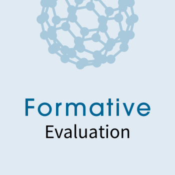 Formative Evaluation icon with blue background and image of a buckyball structure