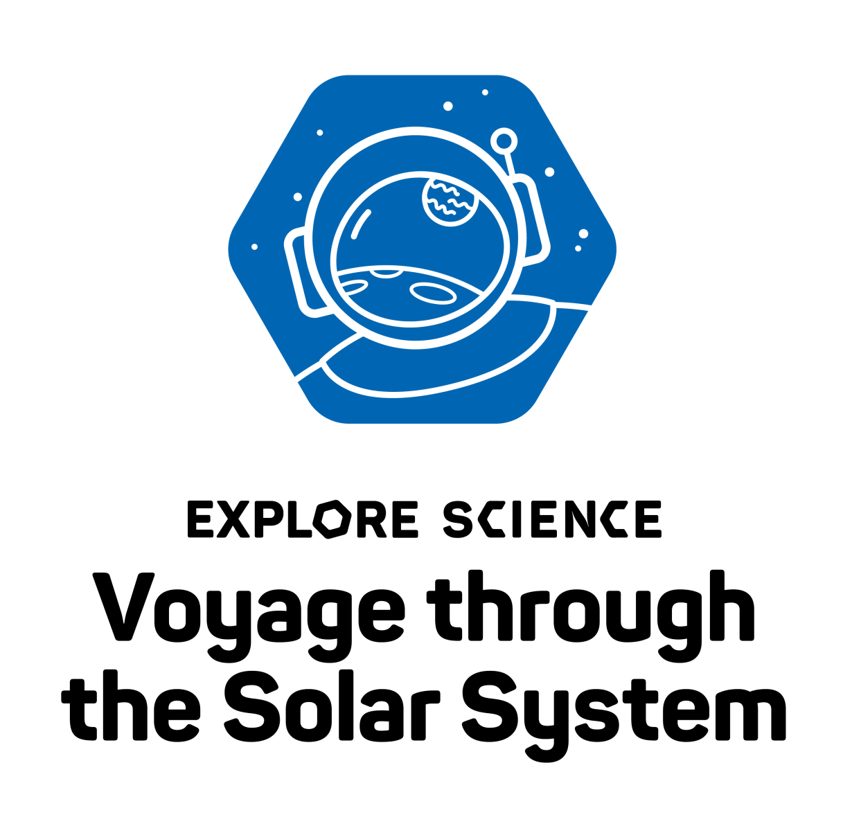Explore Science Voyage through the solar system logo within icon of planets reflected in astronaut helmet