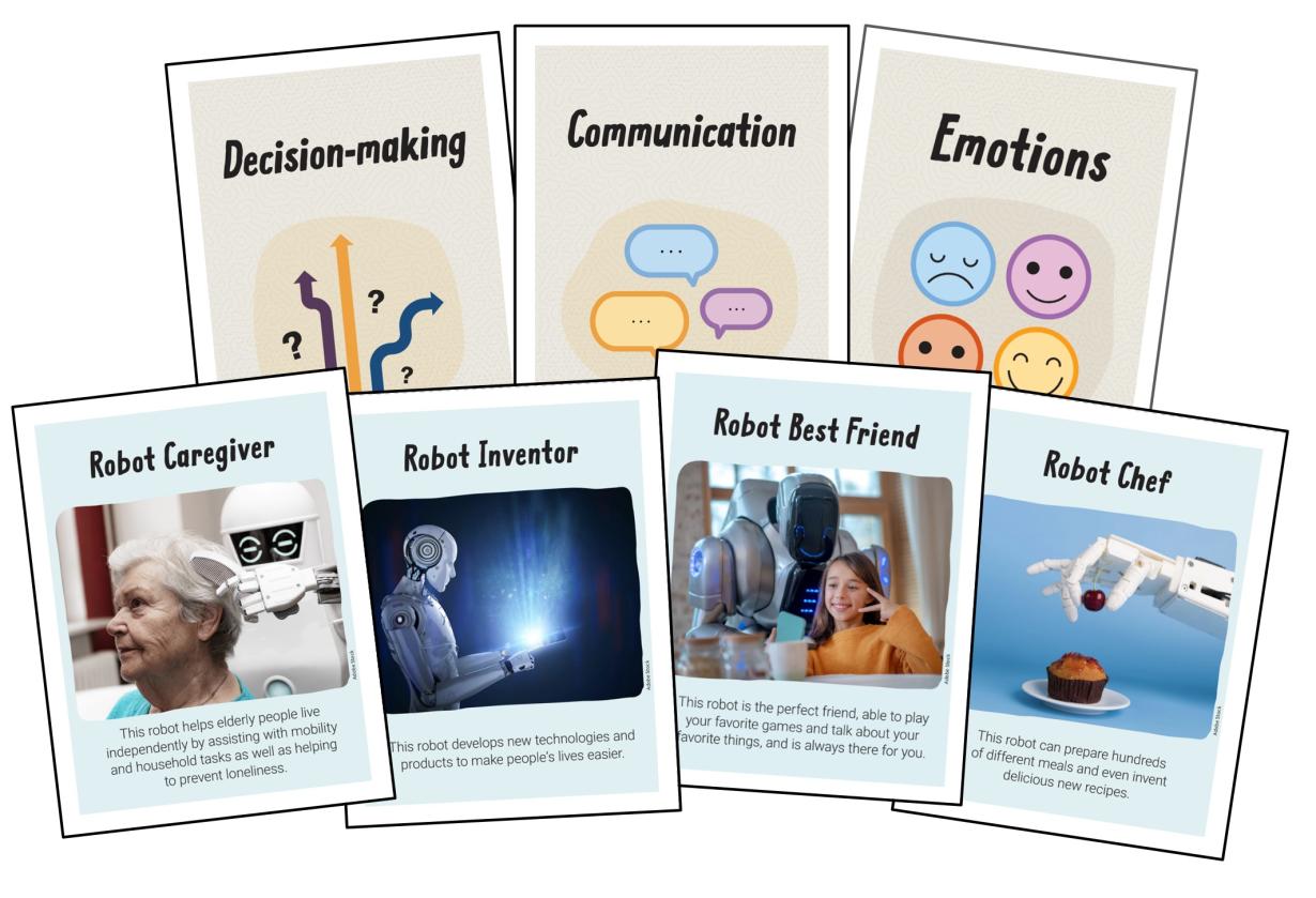 cards showing human attributes and robot jobs