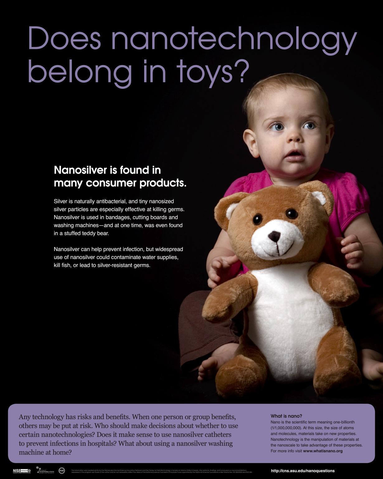 Nanotechnology and society poster  - Does nanotechnology belong in toys showing a child holding Benny the bear