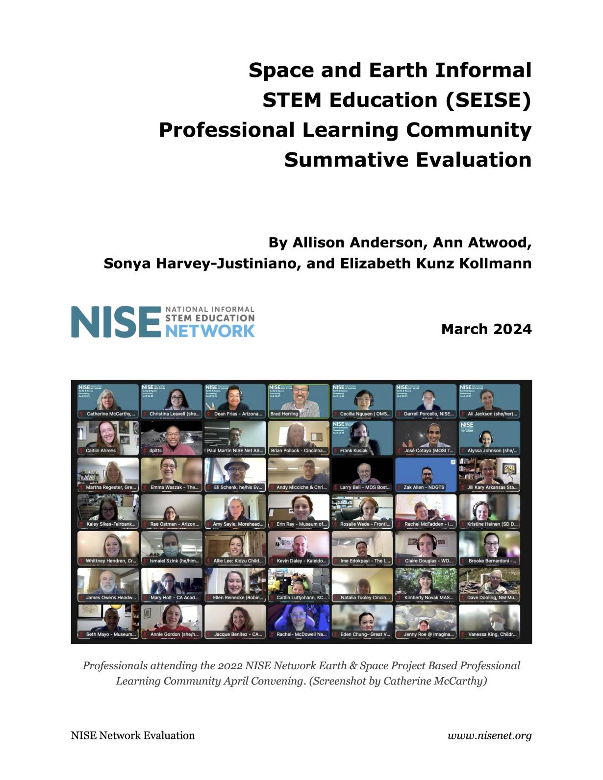 SEISE Project Professional Learning Community PLC Summative Evaluation revised March 2024 report cover page showing many faces on Zoom