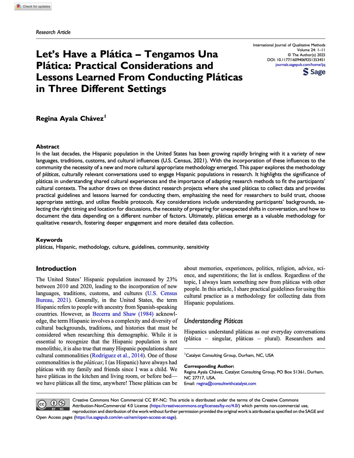 Journal article first page Let’s Have a Plática – Tengamos Una Plática: Practical Considerations and Lessons Learned From Conducting Pláticas in Three Different Settings