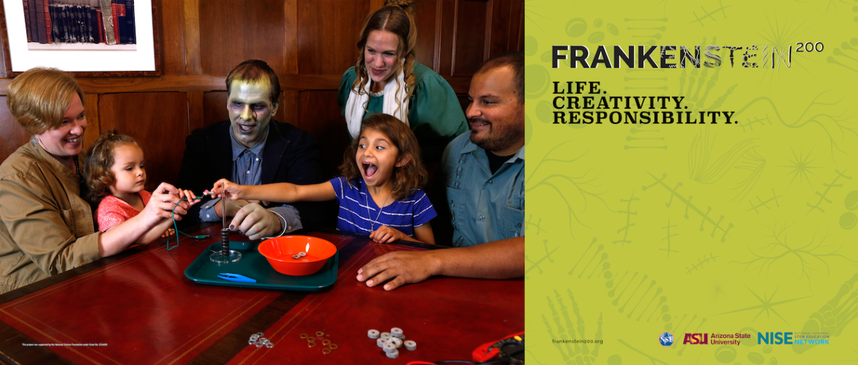 A screen shot of the Frankenstein200 banner featuring two families posed next to actors dressed as Mary Shelly and Frankenstein's monster