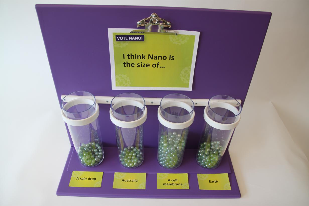 A purple voting station with four options asking what the size of Nano is