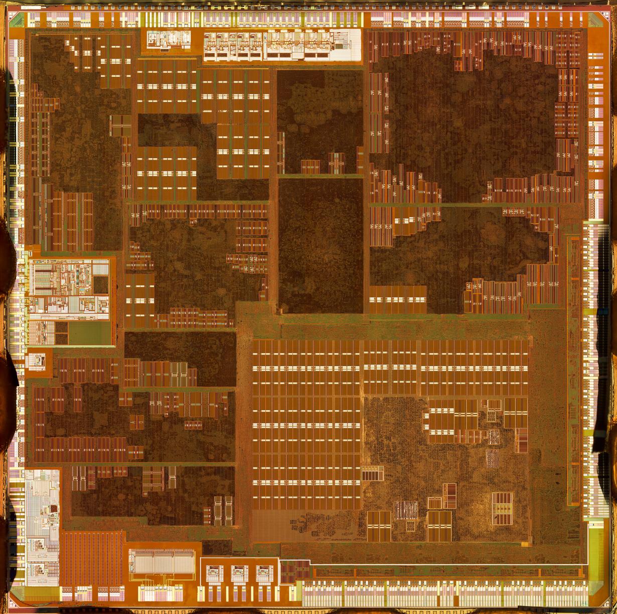 Microscopic composite image of an Apple A4 computer microprocessor. 