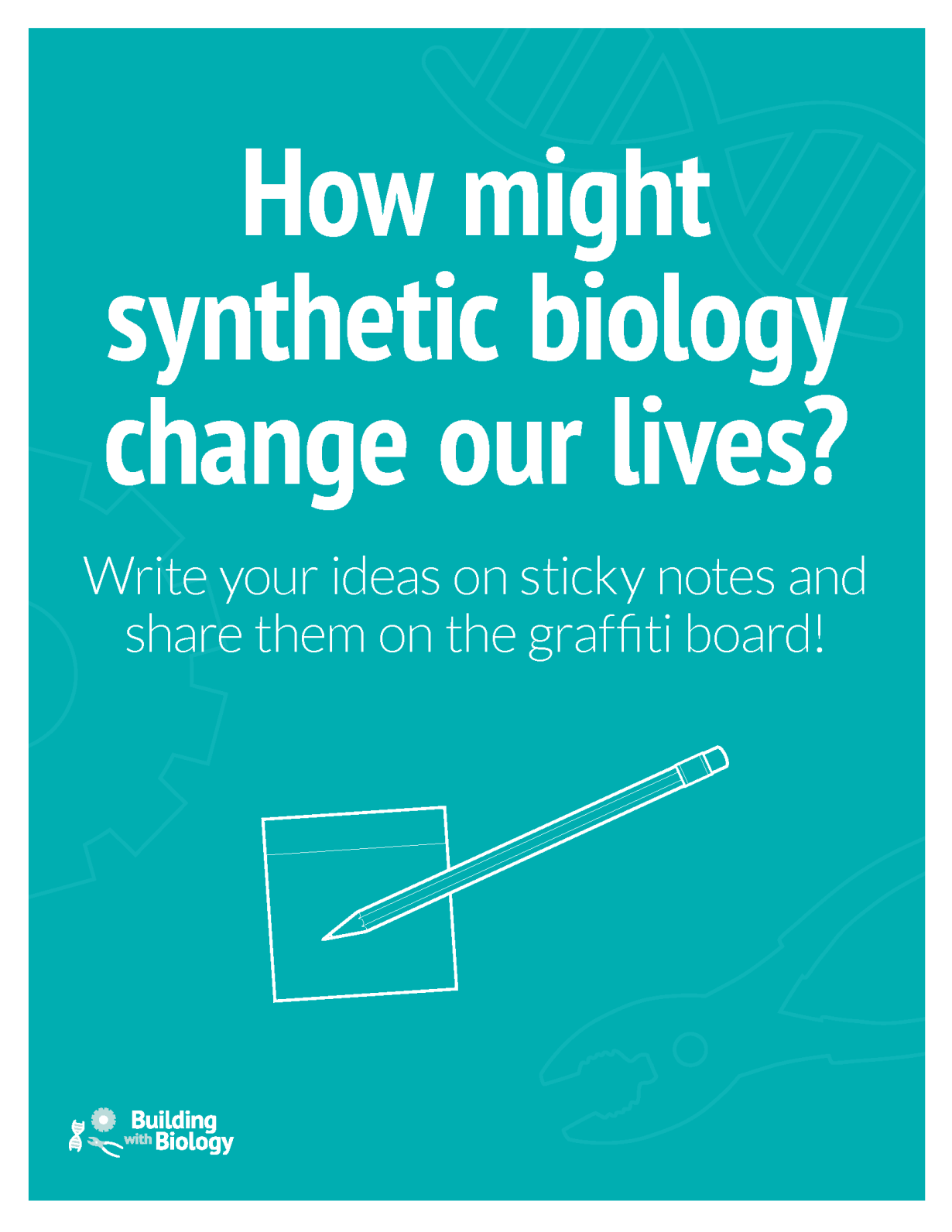 Screen shot of a blue poster image with text saying "How might synthetic biology change our lives?"