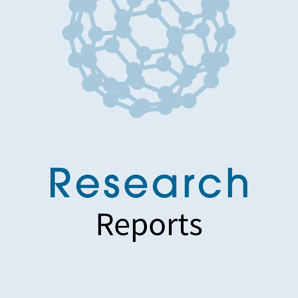 research reports icon with a blue background and a buckyball illustration 
