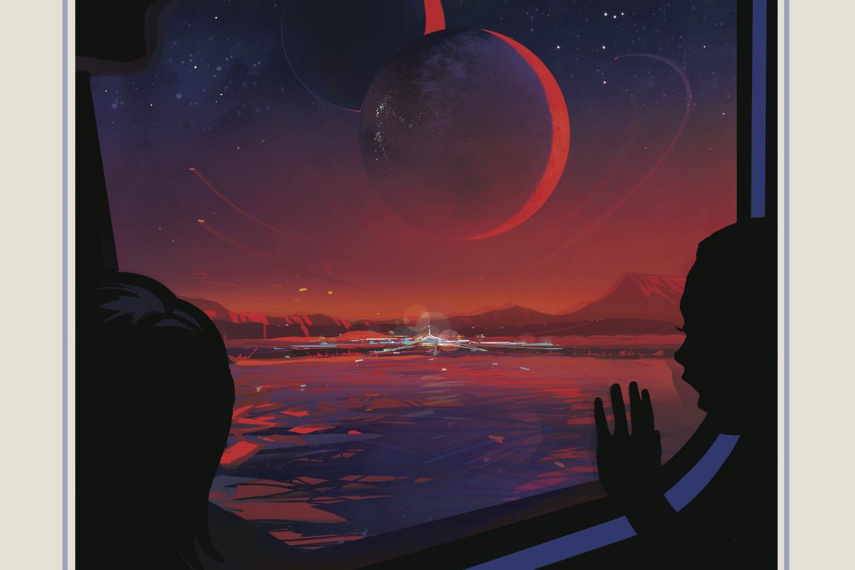 Illustration of a NASA travel poster depicting an alien world with five planets visible in the sky