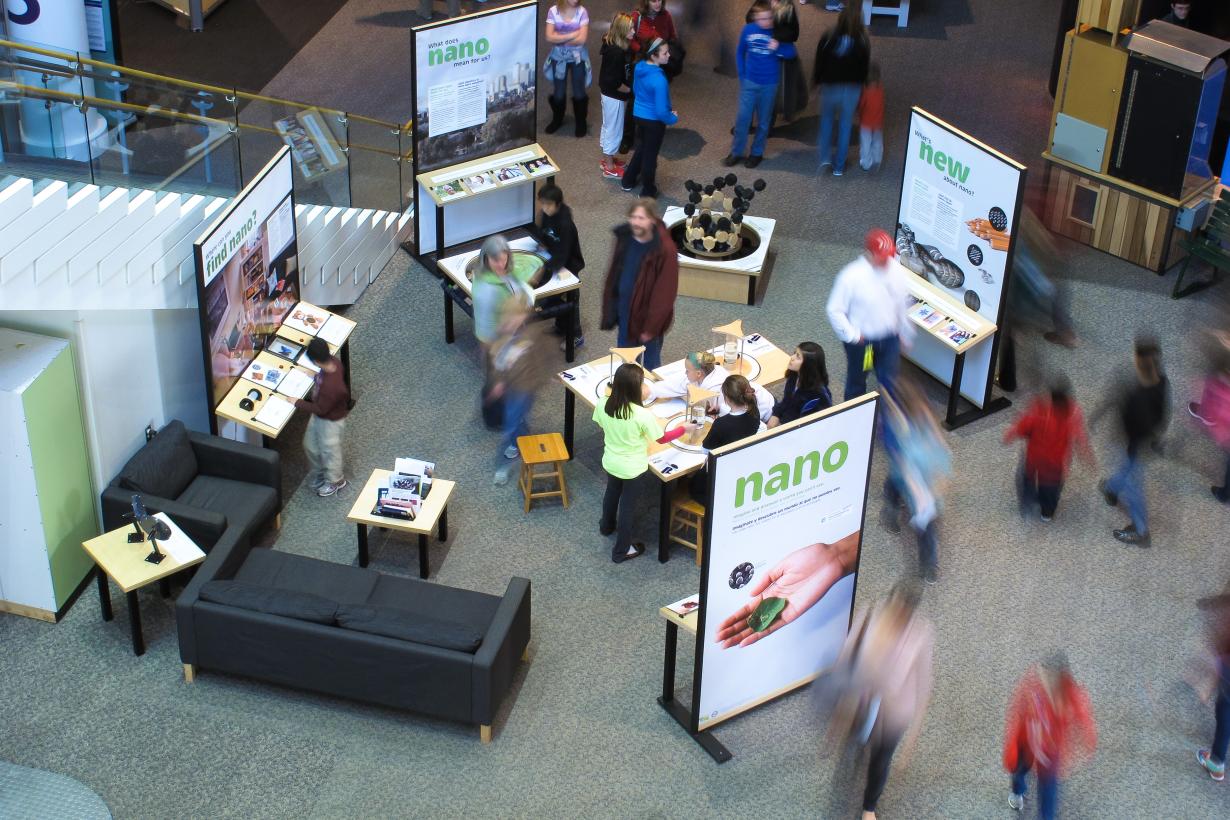 Birdseye view of Nano exhibition with visitors.