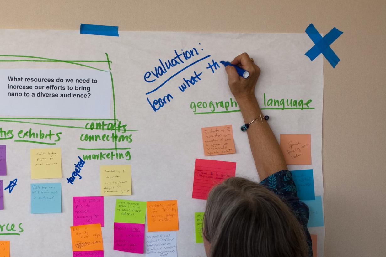 Person's hand writing the word evaluation on wall of sticky notes