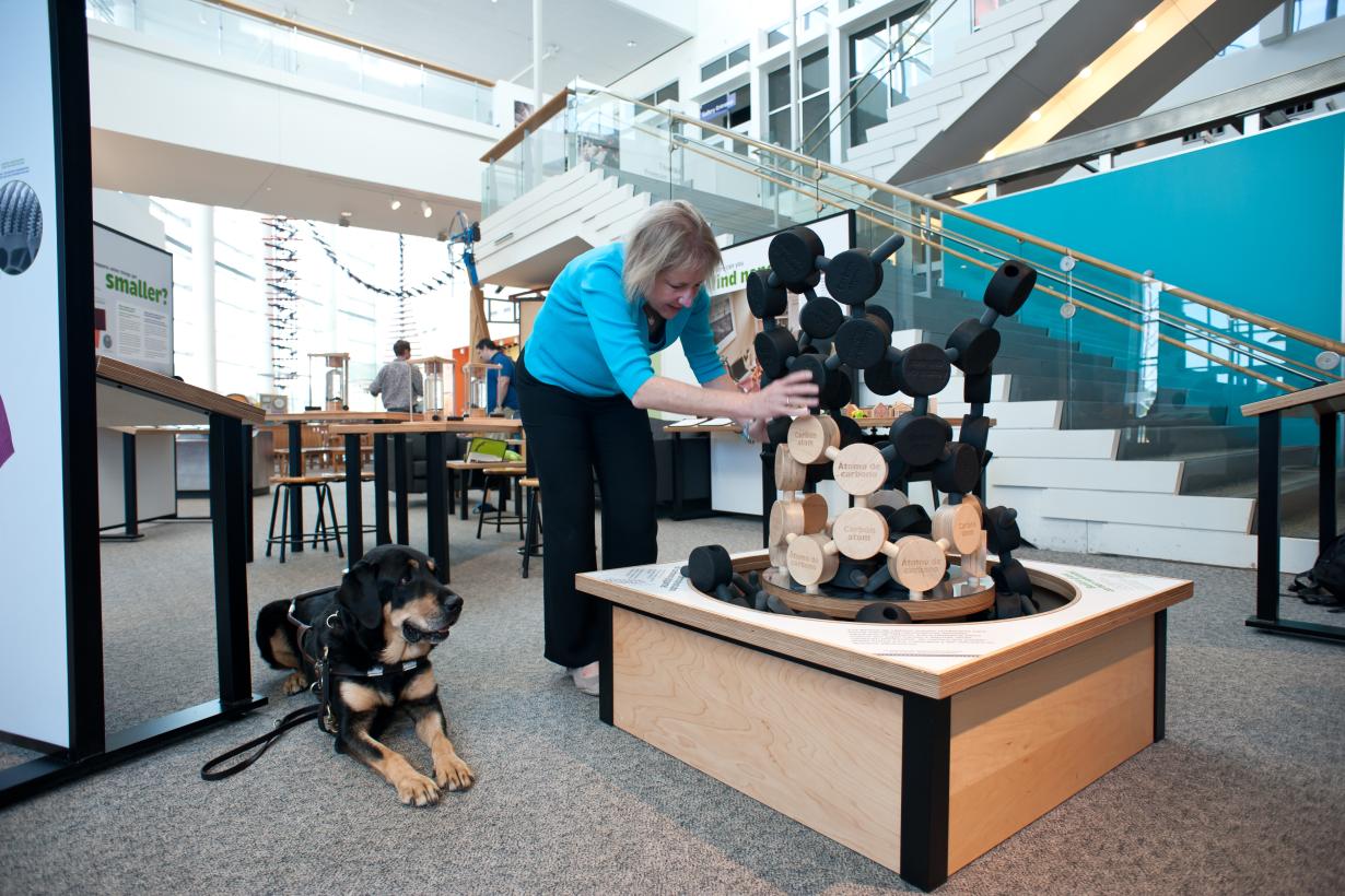Blind visitor with guide dog using carbon nanotube exhibit in Nano exhibition