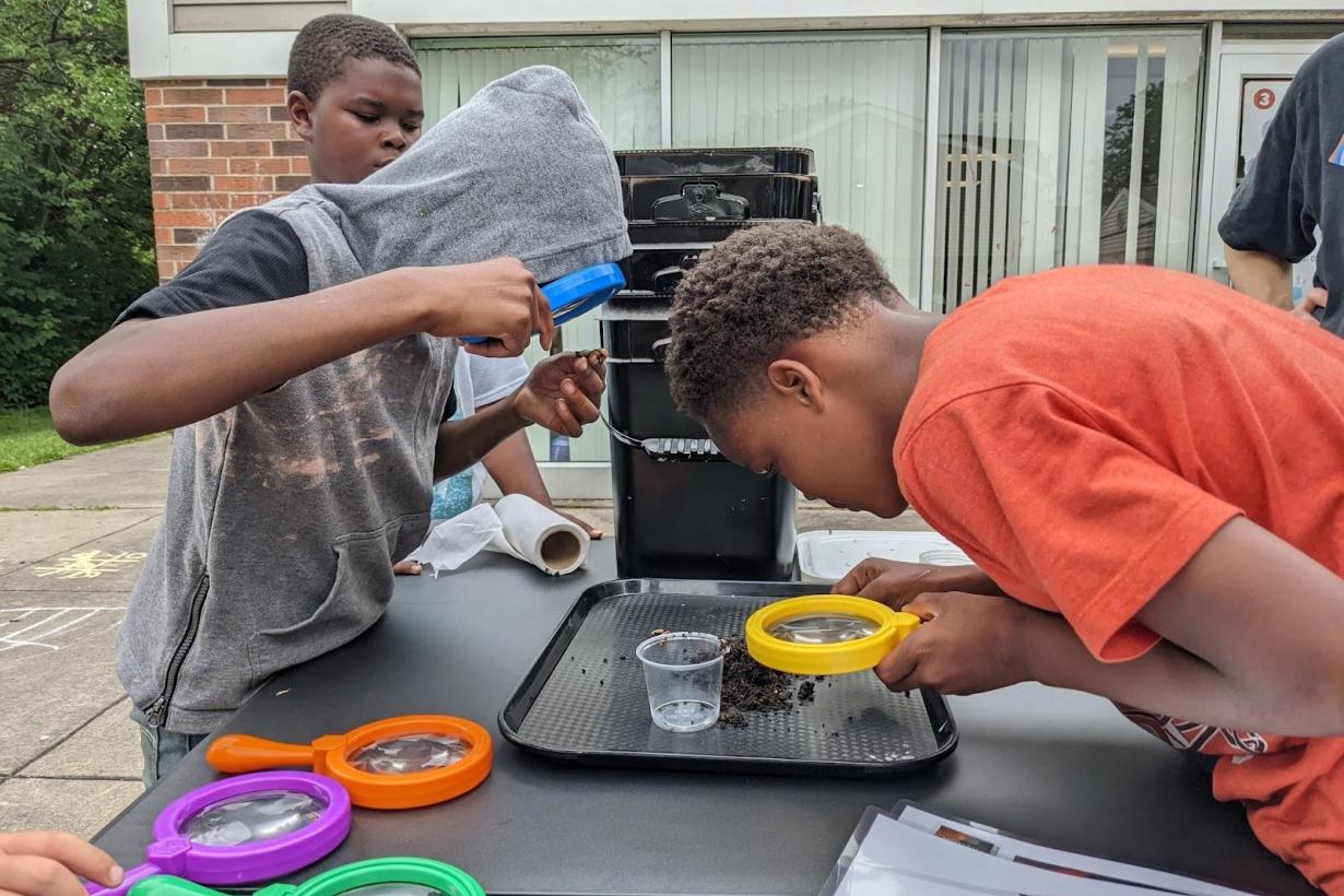 Young participants investigate worms with magnifying glasses