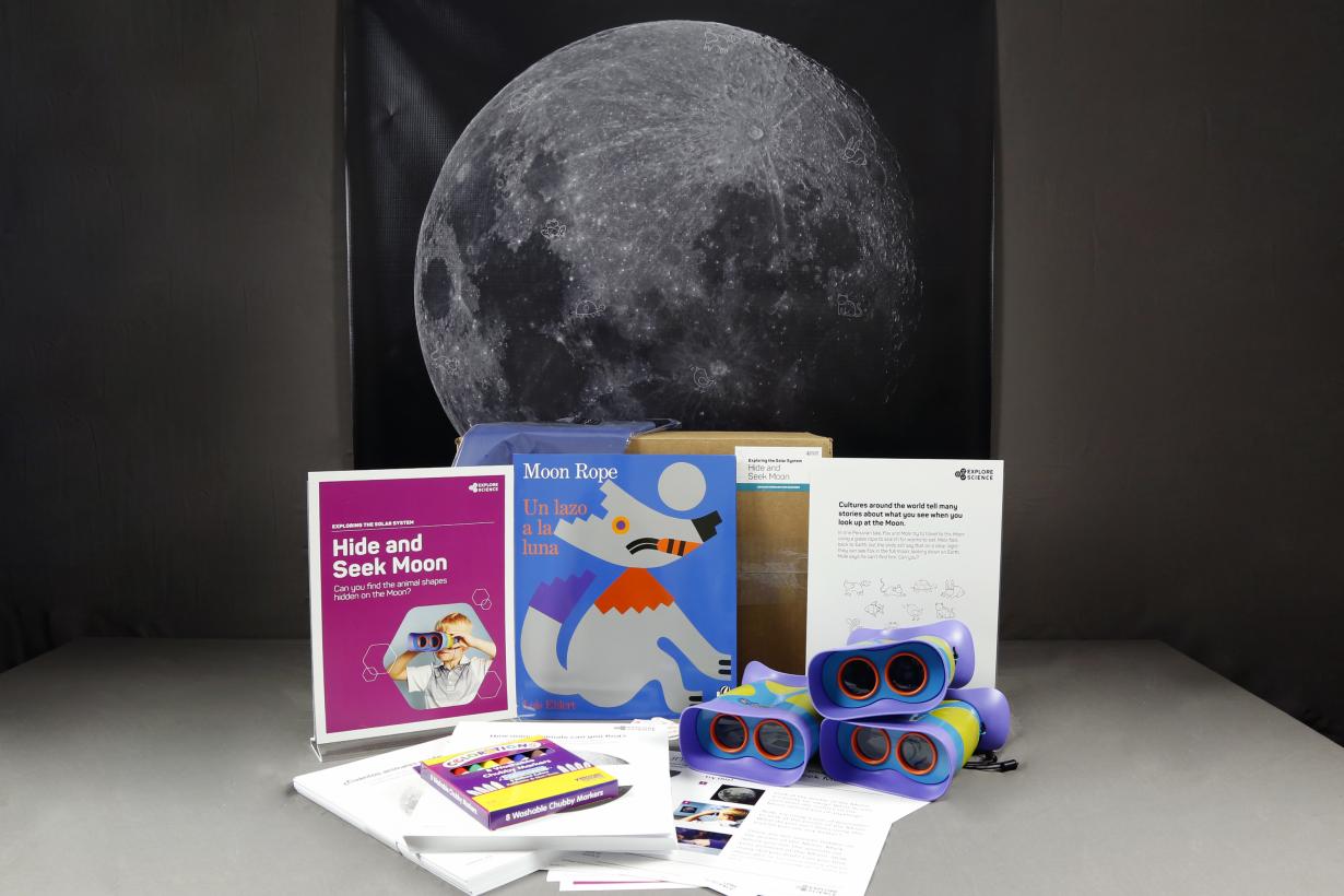 Hide and Seek Moon activity components including signs, Moon banner, and binoculars