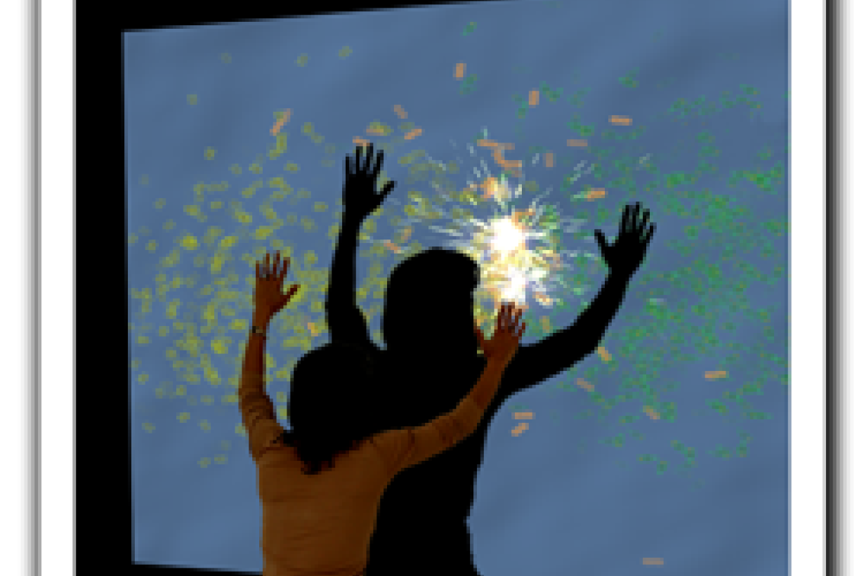 Mixing Molecules full body immersive exhibit with person in front of large screen