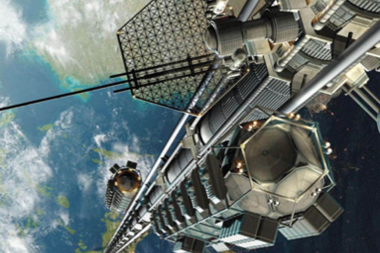 An artist's illustration of what a space elevator would look like from space.