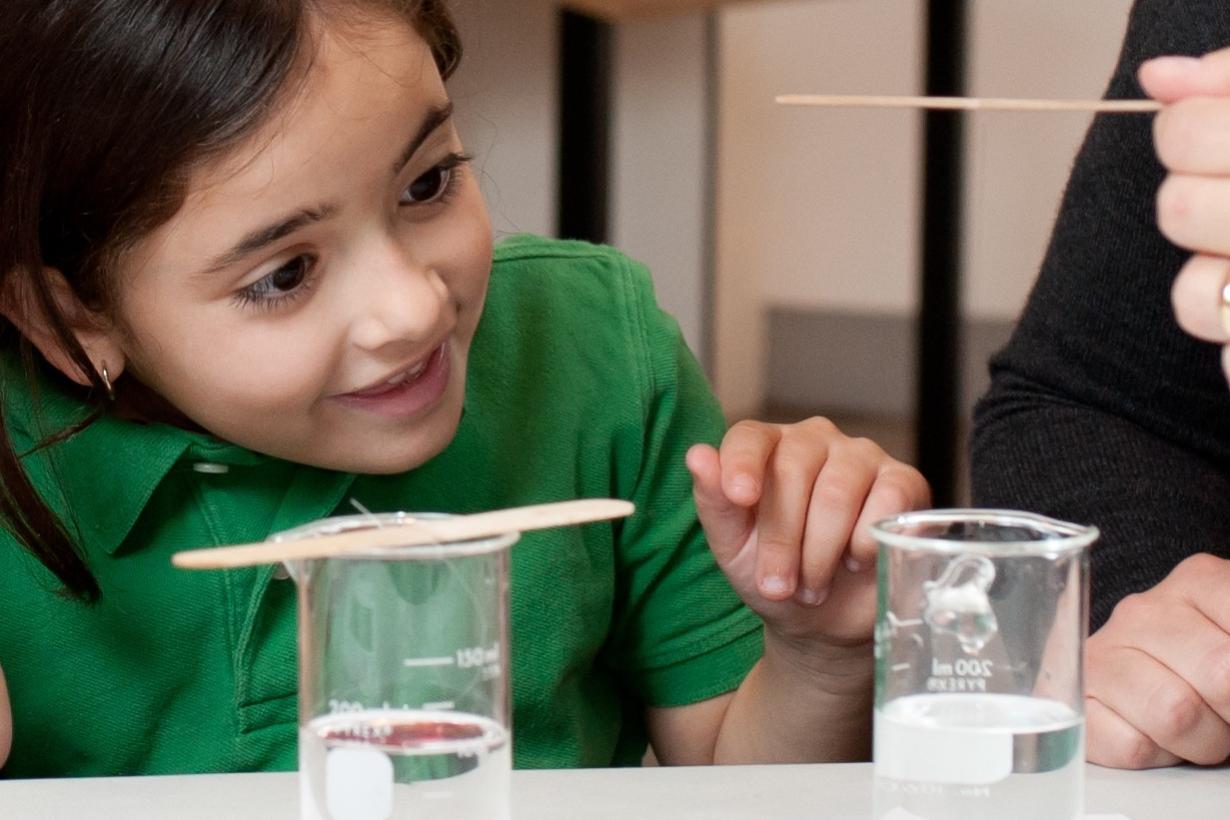 Girl looking at objects in a beaker filled with liquid that appear to be invisible