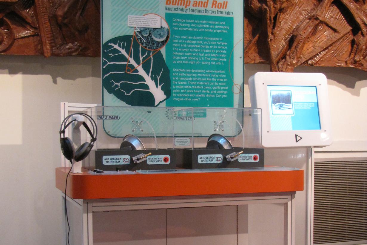 Photo of a large interactive exhibit that has two chambers where learners can drop water onto cabbage leaves and observe droplets rolling off