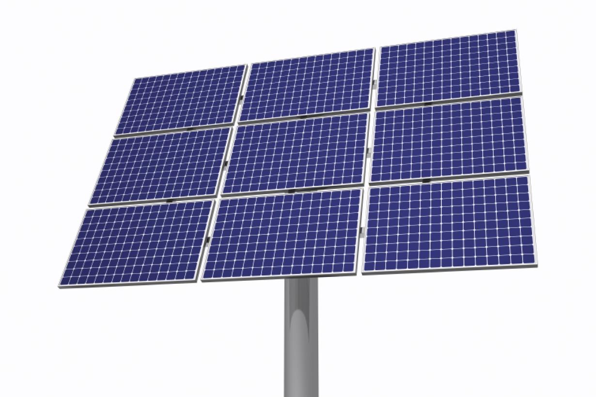 A solar panel on a grey stand.