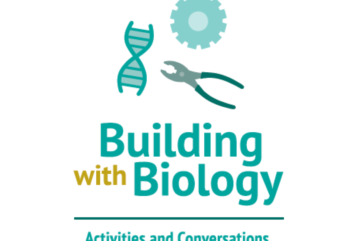 Blue and gold Building with Biology logo with images of gears, DNA molecule, and pliers