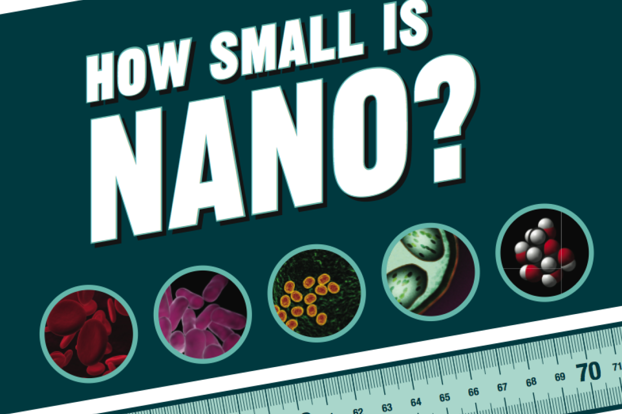 "How Small is Nano?" with five images of various cells and a ruler just below