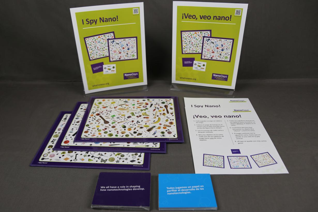 I Spy Nano! NanoDays activity components including game boards and cards