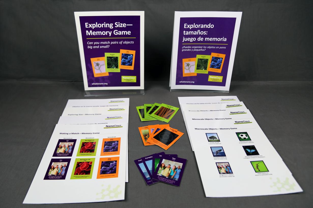 Exploring Size - Memory Game activity components including signs, activity materials and guides.