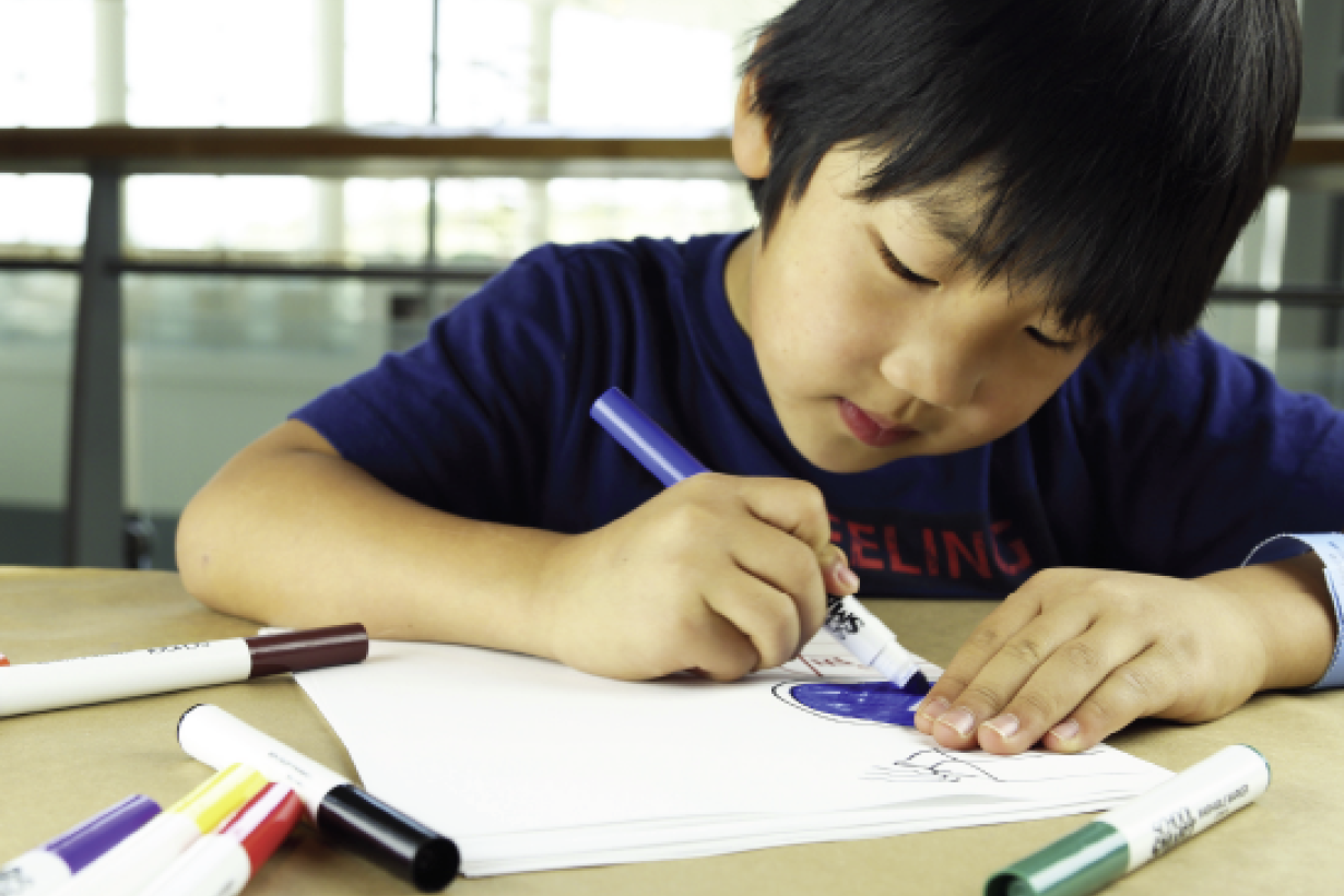 Cover of the Sustainability in Science Museums Planning and Promotional Guide featuring a young learner coloring on a sheet of paper