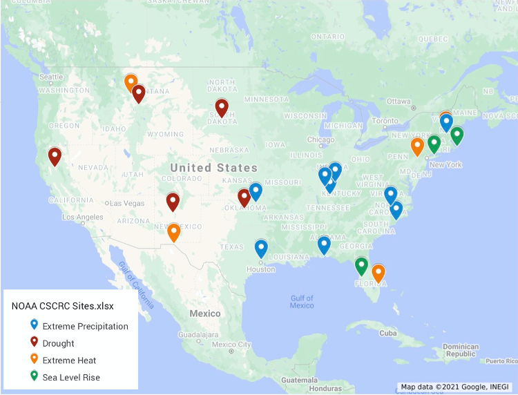 NOAA CSCRC map of stipend awards 2021 showing color coded locations on US map for extreme precipitation, drought, heat, and seal level rise