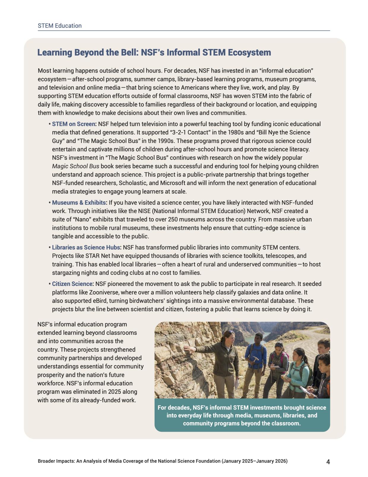 NSF 75th anniversary report page 4 on informal learning in a Stem Education report about the National Science Foundation February 2026 by the Study Group