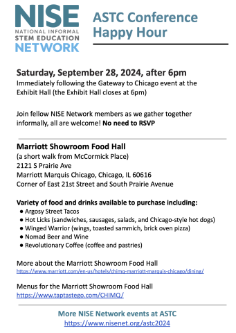 ASTC 2024 booth NISE Network happy hour invite flyer Saturday September 28, 2024