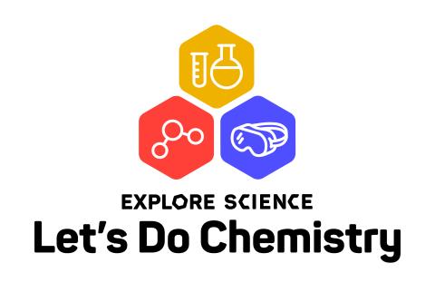 Explore Science Let's Do Chemistry logo - 3 hexagons, gold with test tube symbol, blue with goggles, red with molecule symbol