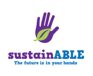 fully colored sustainable logo featuring a hand and leaf icon