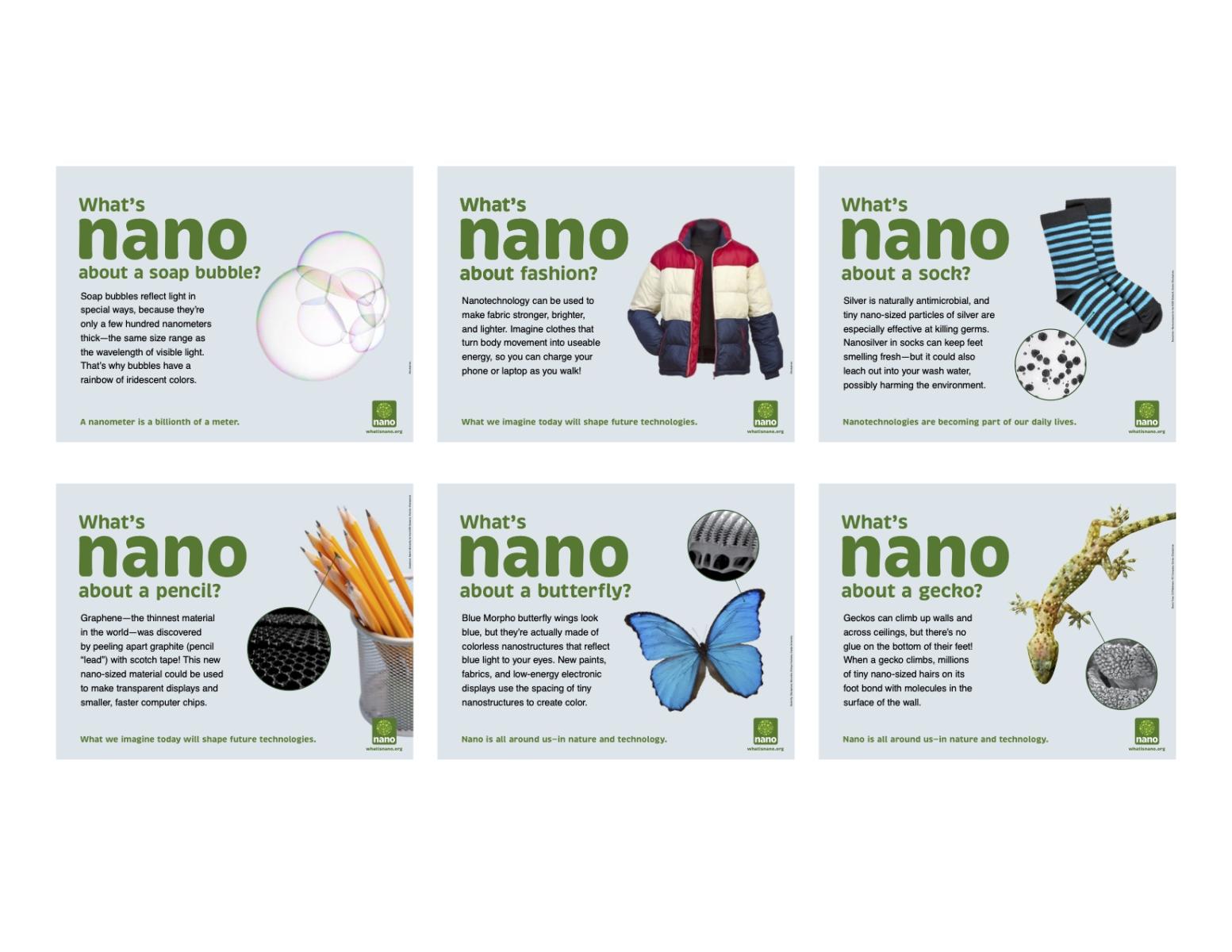 What is nano about museum labels thumbnails of signs featuring signs of bubbles,, a jacket, socks, a butterfly, and a gecko