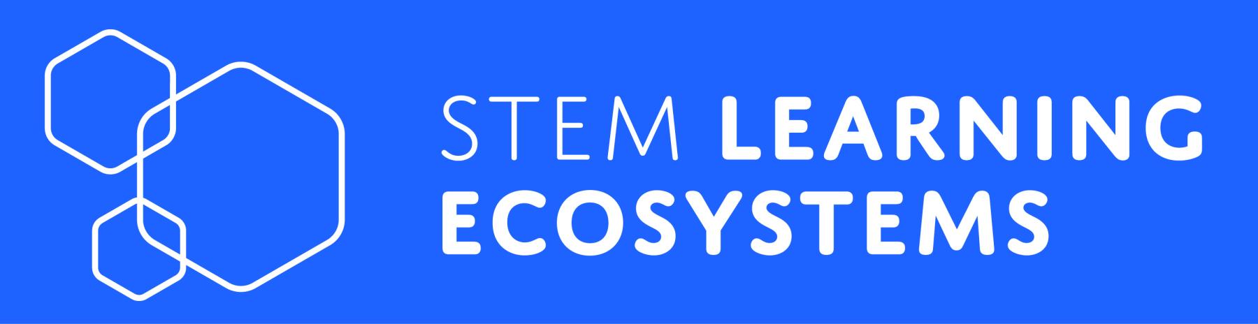 STEM Learning ecosystems horizontal logo white text on blue