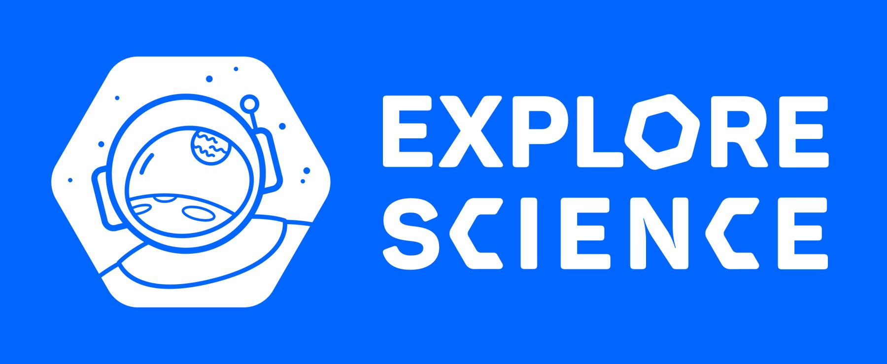 Voyage Solar System Explore Science logo horizontal white on blue