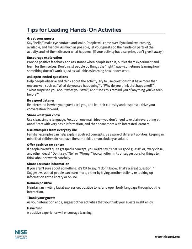 Tips Sheets for leading hands-on activities